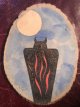 Mohawk First Nation Artist "Sionne" 2003, Horned Owl Shadow Figure Possible Utah Pictograph Figure Hand Painted on 8 X 6 Inch Circular Pine Wood Signed 'Dionne 2003' Iroquois Museum